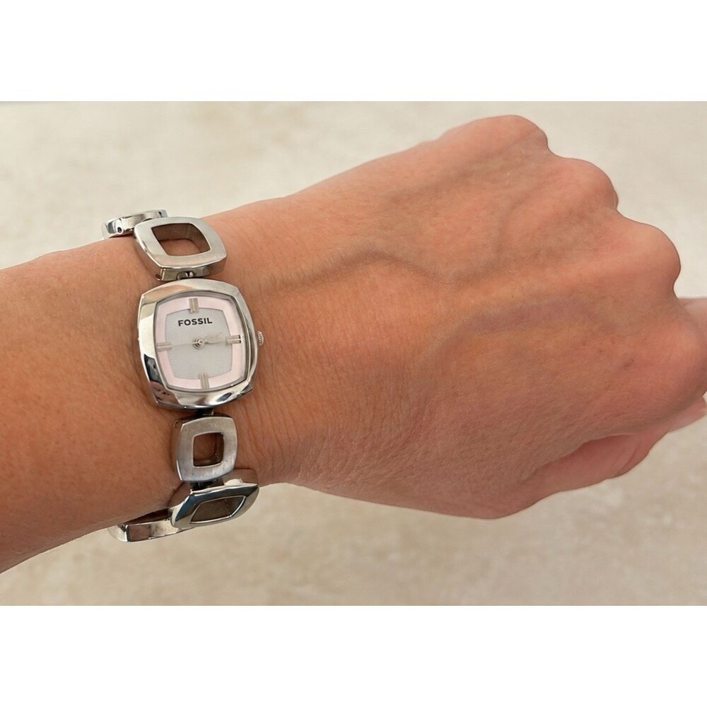 Fossil Womens Watch Square Link Stainless Steel Geometric Shape New Battery
